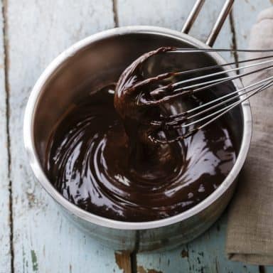cocoa powder ganache in bowl with whisk