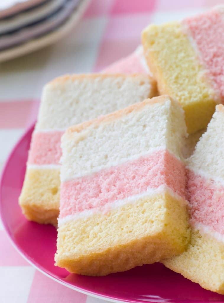 angel cake slices on pink plate