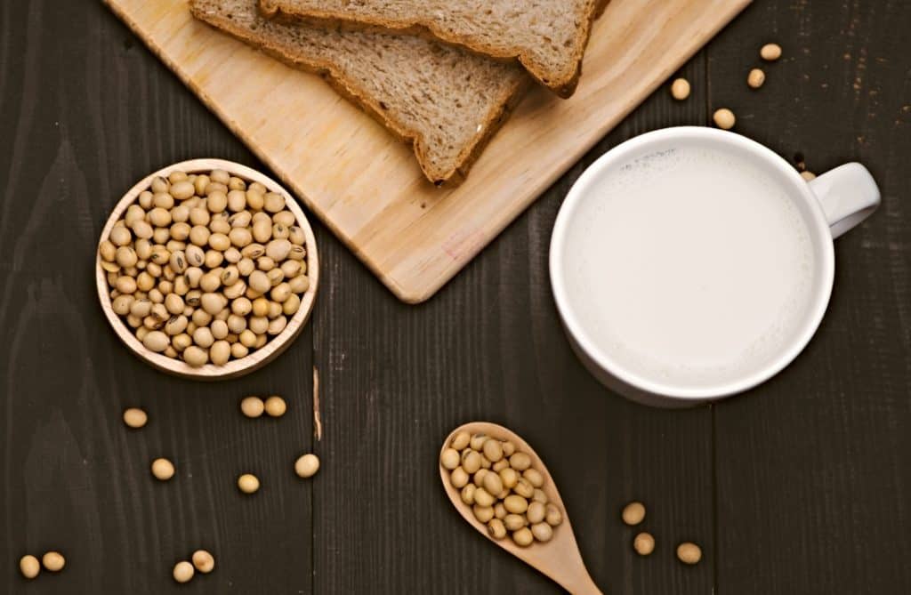 soy milk in cup and soy beans in bowl