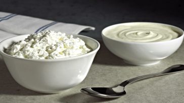 bowl of heavy cream and bowl of cottage cheese