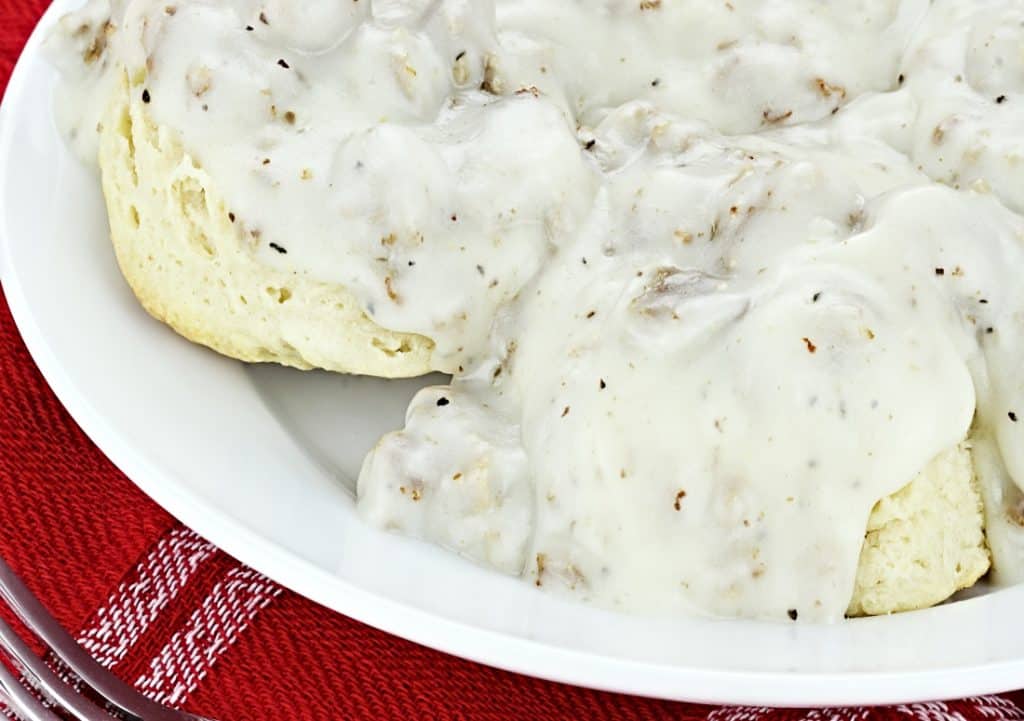homemade biscuits with white sausage gravy