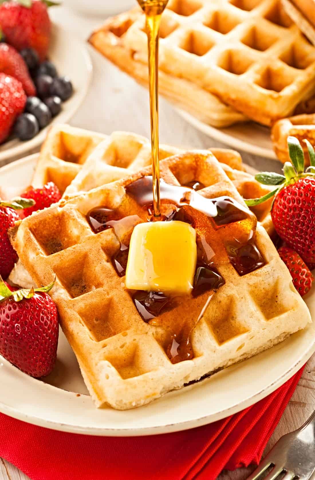 Simple Waffles With Pancake Mix Treat Dreams   Maple Syrup Being Poured On Waffles 