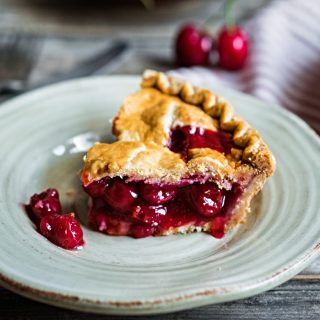 slice of cherry pie made from frozen cherries on plate