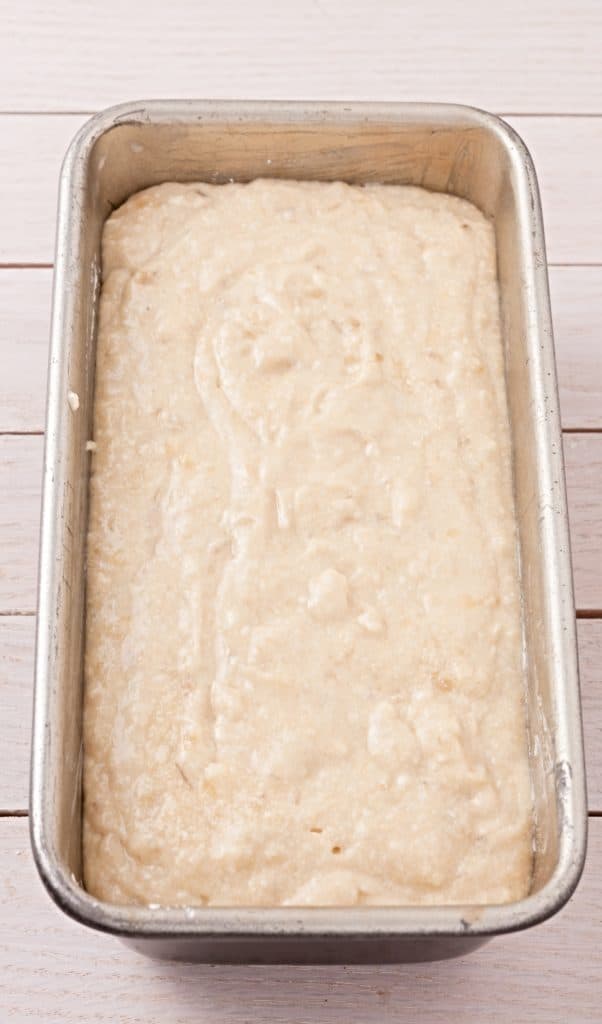 top view of banana bread dough in loaf pan