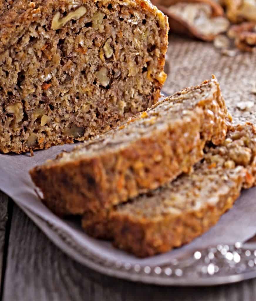 closeup of loaf of carrot coffee cake slices